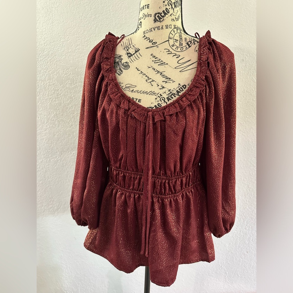 NEW Blu Pepper Ruffle Scoop Neck Shimmer 3/4 Sleeve Peasant Top Women’s …